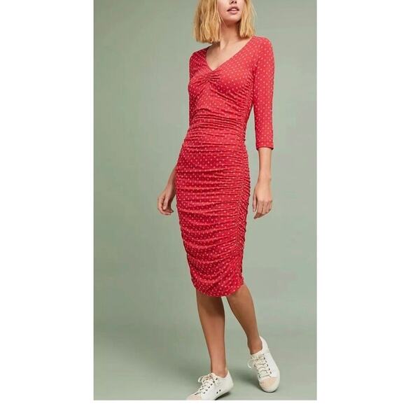 ANTHROPOLOGIE Red Midi Ruched Column Dress Size Small - Picture 1 of 7
